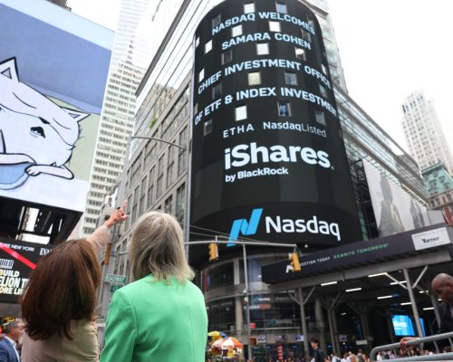 NEW YORK, NEW YORK - JULY 25: Adena T. Friedman (L), chair and CEO, and Samara Cohen, ETF and Index Investments chief investment officer for BlackRock, look at the digital billboard on the Nasdaq MarketSite after ringing the closing bell on July 25, 2024 in New York City. BlackRock celebrated the release of the company's first Ethereum ETF at the Nasdaq MarketSite, which was officially listed for trading on Tuesday.  (Photo by Michael M. Santiago/Getty Images)